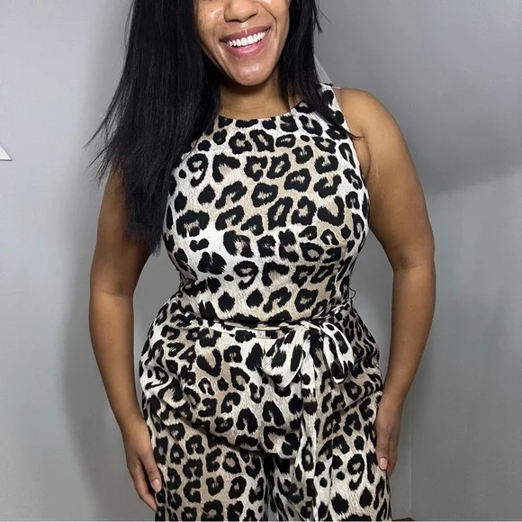 French Connection Leopard Print Jumpsuit Animal Print Wide Leg Romper Neutral - Picture 4 of 11